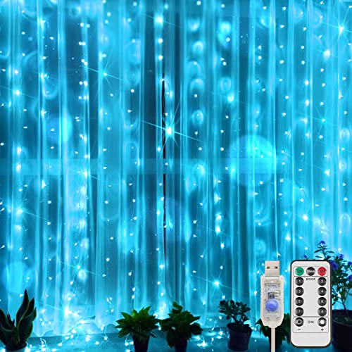 suddus Curtain Lights for Bedroom, 200 Led 6.5ft x 6.5ft Hanging String Lights Outdoor, Fairy Curtain Lights for Backdrop, Window, Wall, Wedding, Party, Garden, Porch, Birthday Decor Aqua - color: Auqa, size: USB-200 LED