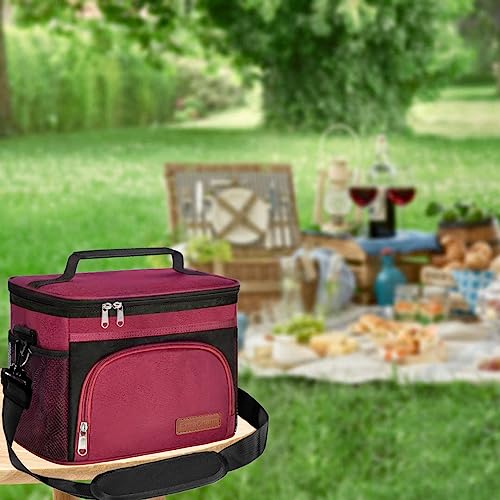 ExtraCharm Insulated Lunch Bag for Women/Men - Reusable Lunch Box for Office Picnic Hiking Beach - Leakproof Cooler Tote Bag Organizer with Adjustable Shoulder Strap for Adults - color: Red/Black