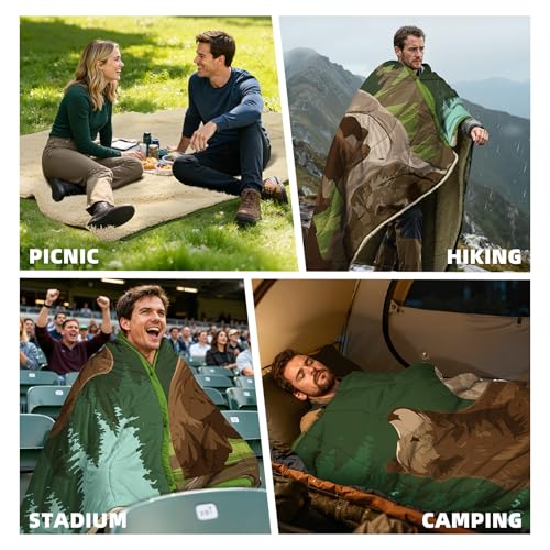 Outdoor Camping Blanket with Sherpa Lining, Extra Warm Thick Camp Blankets and Puffy Ultralight Soft Poncho DWR Camping Quilt for Cold Weather, Adventure, Sleeping, Backpacking 78"x 56" - color: Wheat Green, size: 78 x 56 inches