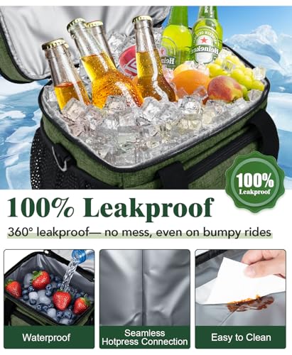 Insulated Lunch Bag for Men & Women, Double Leakproof Lunch Box Soft Cooler Tote with 5 Pockets, 600D Oxford, EVA Lining, Adjustable Strap for Work, Picnic, Beach&Travel-Army Green - color: Army Green, size: Double