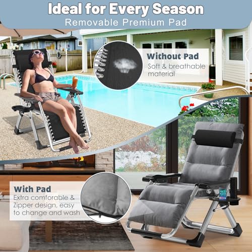 Slsy Zero Gravity Chair, Reclining Lounge Chair with Removable Cushion & Tray for Indoor and Outdoor, Patio Recliner Folding Reclining Chair - color: Linen Gray, style: Zero Gravity Chair