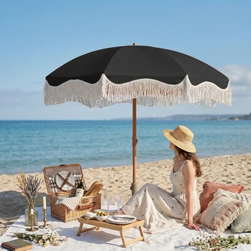 7ft Patio Umbrella with Fringe, Boho Beach Umbrellas, Outdoor Tassels Umbrellas with Push Button Tilt & Carrying Bag, 8 Windproof Fiberglass Ribs, UPF50+ - color: Black