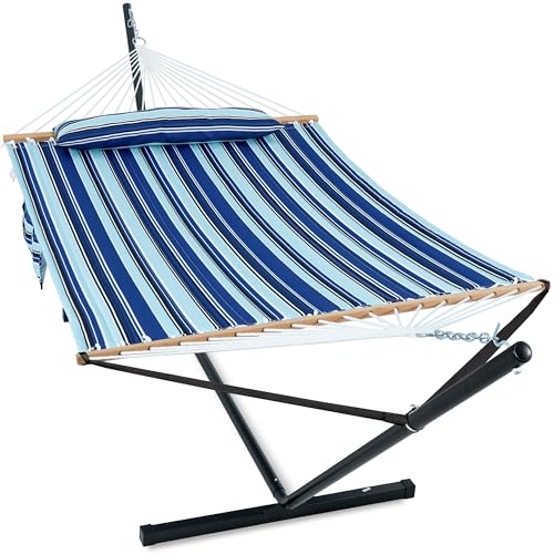 GAFETE 2 Person Hammock with Stand for Outside, Heavy Duty Steel Stand, Double 55inch Hammocks, Large Removable Pillow, Storage Bags, Max 475 lbs Capacity (Pacific Stripe Blue) - color: Pacific Stripe Blue