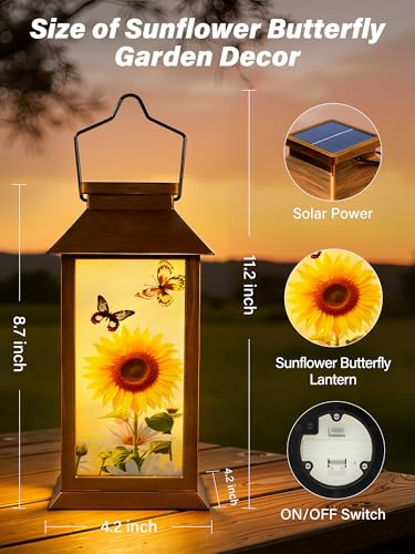 Mothers Day Gifts, Solar Lanterns Outdoor Waterproof Hanging Garden Decor with Sunflower Butterfly Pattern Outdoor Solar Lights for Garden Lawn Yard Patio Porch, Gifts for Mom Women Grandma - style: Sunflower Butterfly