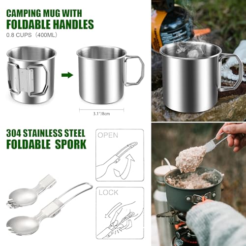 Odoland 8pcs Camping Cookware Mess Kit, Camping Pot and Pan Set with Mini Backpacking Stove, Stainless Steel Cup, Spork and Tank Bracket, Cooking Gear for Outdoor, Hiking, Picnic, Campfire - color: Green