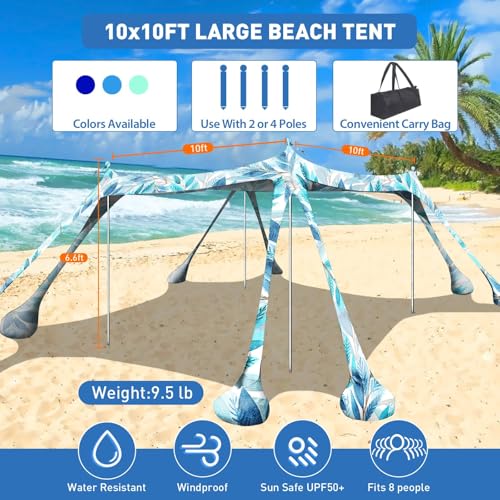 Beach Tent Sun Shelter 10x10ft Beach Canopy Easy Pop Up Sun Shade Portable UPF50+ with 8 Sandbags-2 Sand Shovel-4 Aluminum Poles-Ground Pegs for Outdoor Family Camping Fishing Backyard Picnic - color: Fronds, size: 10x10 FT 4 Pole