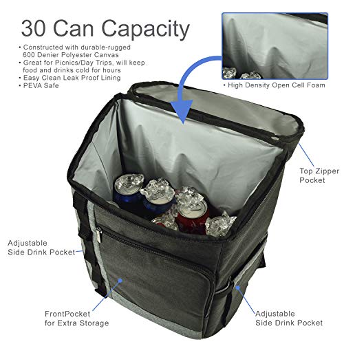 Picnic at Ascot Cooler Backpack for 4 with Plates, Glasses, Hardwood Board, Cheese Knife & Corkscrew - Large 30 Can Capacity- Lightweight, Insulated & Leak-Proof - size: Charcoal with picnic accessories