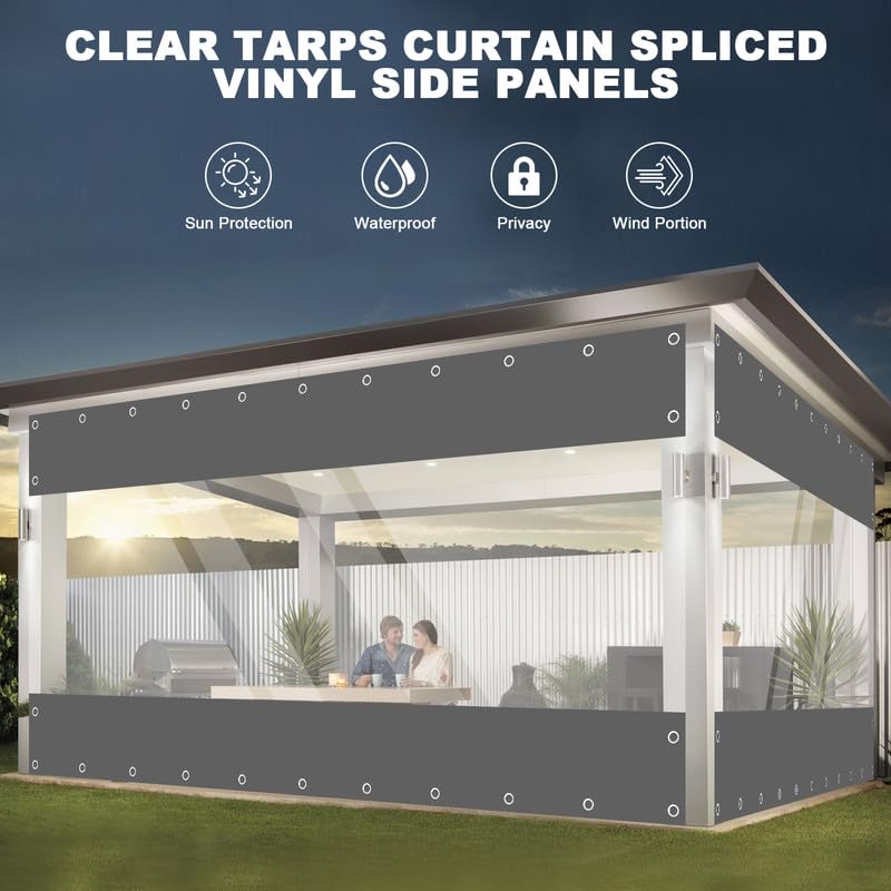 Clear Vinyl Curtains for Patio Enclosure, 23oz Heavy Duty Waterproof Anti-UV and Tear-Resistant Tarpaulin with Grommets, Weatherproof Panels for Porch, Pergola, Gazebo, Balcony, Outdoor - color: Gray, size: 8'H X 7'W