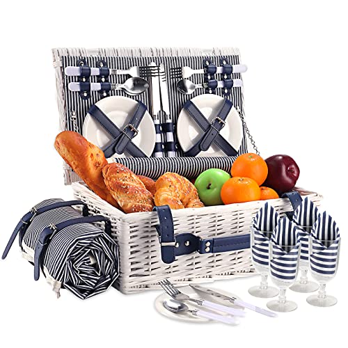 Picnic Basket for 4 Persons with Waterproof Picnic Blanket and Insulated Cooler, Large Wicker Picnic Basket for Camping, Outdoors, Valentine's Day, Christmas, Birthday, Wedding Gift - color: White Basket