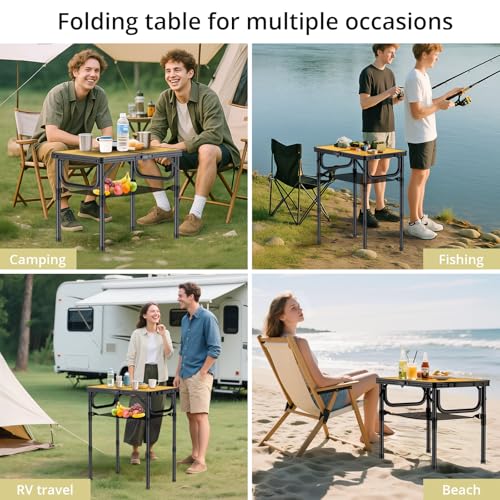 Anbte 2ft Camping Table Foldable with Storage Net, 3 Adjustable Heights Aluminum Small Folding Table Lightweight, Portable Handle for Travel Outdoor Beach Camping Picnic, 23.2" x 16", Light Oak Grain - color: Light Oak Grain, size: 24"L x 16"W x 27.5H"