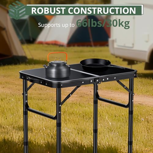 EYPINS Folding Camping Table Portable - Pure Black Aluminum 22.8x15.7'',3 Height Adjustable Small Outdoor Folding Table,Waterproof Lightweight Table with Carry Handle for Picnic,Cooking,BBQ,Beach - color: Pure Black, size: 22.8x15.7x 27.5 Inch