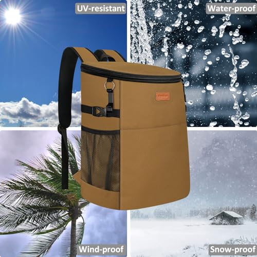 Camping Cooler Backpack 30 45 Cans, Soft Backpack Coolers Insulated Leak Proof Travel Cooler Bag Waterproof Lunch Picnic Beach Work Trip Thermal Bag Drink Beverage Beer Bag Cooler - color: Khaki Brown, size: 30 Cans