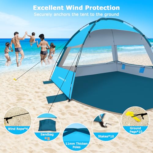 COMMOUDS Beach Tent Sun Shade for 3/4/6/8 Person, UPF 50+ Beach Sun Shelter Canopy Tent, Lightweight, Easy Set Up and Carry - color: Blue, size: 8 Person