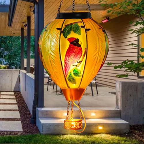 Large Hot Air Balloon Cardinal Solar Lantern Lights with Flame, Green Glass Balloon Lantern Waterproof Outdoor Decor for Garden Yard Patio, Birthday Mother's Day Gifts for Moms Women - color: Cardinal Green