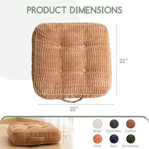 6" Washable Floor Pillow Cushion for Adults, Meditation Cushion Pillow, Removable Tufted Blended Corduroy Cover, Large Square Floor Sitting for Tatami Living Room or Yoga, 22x22 Inch, Machine Washable - color: Square Coffee, size: 6" Thick(Pack of 1)