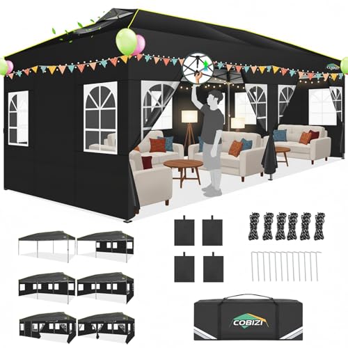 COBIZI 10x20 Pop Up Canopy Tent with 6 Sidewalls One Push Setup Outdoor Commercial Gazebo Waterproof UPF 50+ Party Tent with Carry Bag,Air Vent,Sandbag Tents for Parties,Wedding,Backyard,Black - color: Black(1-year warranty), size: 10x20