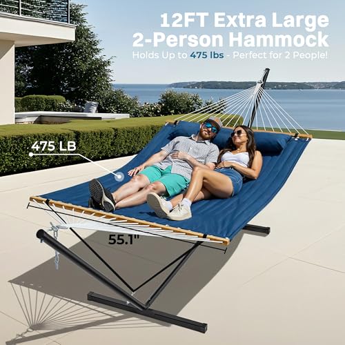 SUPERJARE Hammock with Stand, 2 Person Quilted Outdoor Hammock, Detachable Pillow & Bamboo Spreaders, Portable Hammock with Carrying Bag, Heavy Duty Stand, Perfect for Outside, Patio, Navy Blue - color: Navy Blue, size: 55.1"W × 74.8''D × 43.3''H