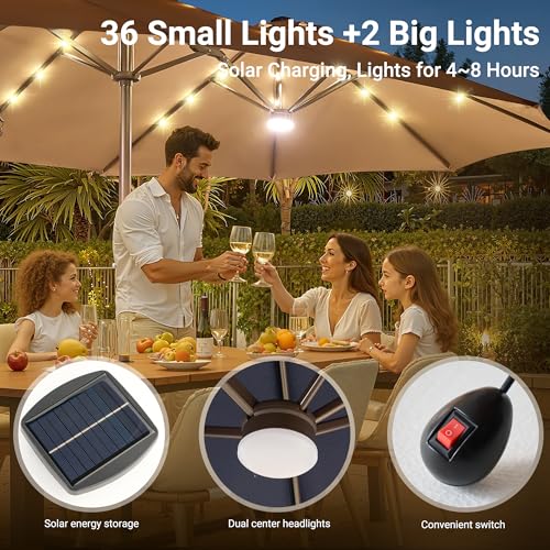 HOOOWOOO Outdoor Patio Umbrella With Solar Light,15 Ft Large Beach Umbrella,UV Protection Picnic Market Parasol Sunshade W Base Crank Handle For Backyard Deck Pool Shade - color: Beige