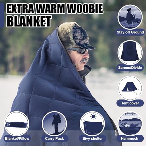 Mindsoft Large Waterproof Woobie Blanket with Sherpa Lining Upgraded Windproof Extra Thick Warm Outdoor Blanket for Cold Weather Hunting Stadium Sports Camping Picnic Car, 59" x 79"(Blue,1 Pc)