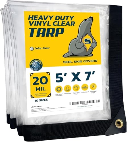 Seal Skin Covers Waterproof Clear Tarp 5x7 FT, 20 Mil 18 OZ 560 GSM Heavy Duty Transparent Vinyl Tarpaulin with Grommets - size: 5' X 7'