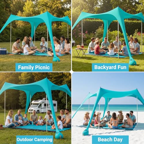 12x12 FT Beach Tent Sun Shelter UPF 50+, XL Beach Canopy with 4 Thickened Aluminum Poles, Sandbags, Windproof Portable Beach Sun Shade with Beach Blanket, Shovels, for Outdoor Camping Fishing RV Trip