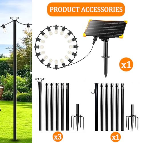 4 Pack Outdoor String Light Poles with Solar Panel & 590 Inch LED String Lights, Heavy Duty Metal Light Pole for Patio, Backyard, Garden, Wedding, Party & Front Porch Decor