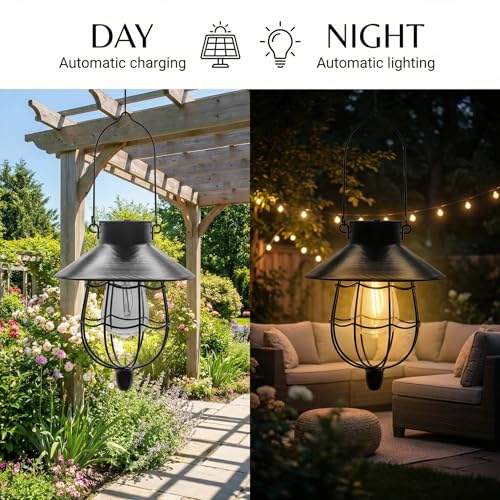 YAKii 2 Pack Solar Lantern Hanging Waterproof Outdoor Metal Solar Lamp with Warm White Light Decorate for Yard Garden Pathway Patio Porch Decor (Black) - style: Black-2pack