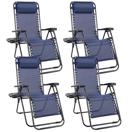 Sweetcrispy Zero Gravity Chairs, Set of 4 Portable Recliner Beach Camping Patio Outdoor Folding Lounge Chair with Cup Holder Trays and Adjustable Pillow for Poolside, Garden, Backyard, Lawn (Blue) - color: Blue-4p