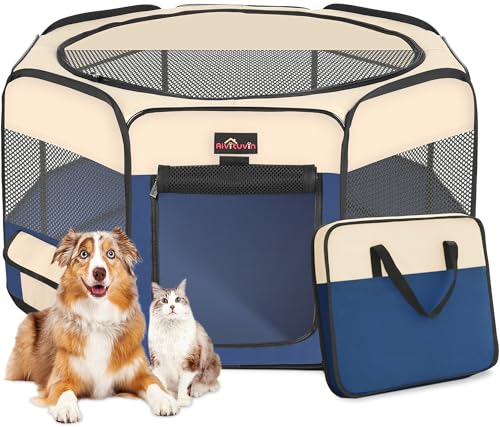 Aivituvin Dog Playpen, Foldable Pet Play Pens with Carrying Bag for Cat, Puppies, Rabbits, Portable Dog Tent Crates Cage for Travel Camping Indoor Outdoor, Removable Shade Cover, Blue L - color: BLUE, size: L