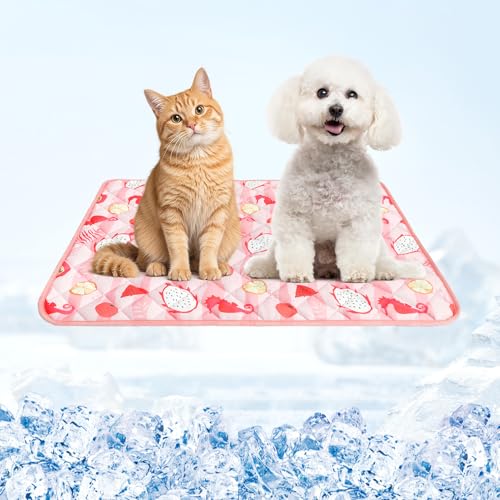 Dog Cooling Mat,19.5" x 27.5" Thicken Self-Cooling Mat for Dog&Cat,Internal Waterproof& Endothermic,Washable Pet Ice Cool Pad Blanket,Pet Sleeping Pad for Indoor Outdoor in Summer,Non-Toxic, Pink M - color: Pink Seahorse, size: Medium 19.5IN x 27.5IN