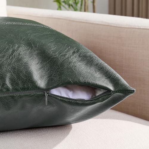 Fancy Homi 2 Packs Dark Green Lumbar Faux Leather Decorative Throw Pillow Covers 12x20 Inch for Outdoor Couch Bed, Modern Farmhouse Boho Home Decor, Olive Green Hand Stitched Cushion Case 30x50 cm - color: Dark Green, size: 20" x 12" (Pack of 2)