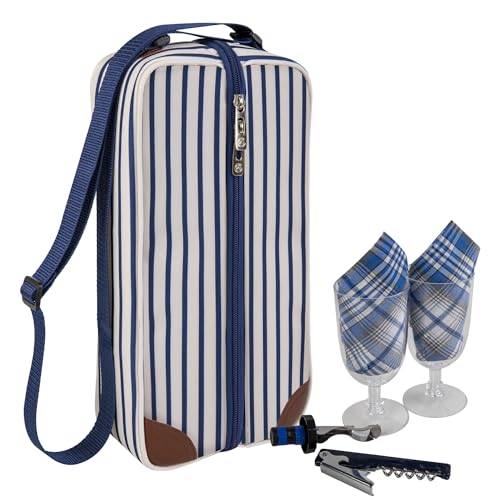 ALLCAMP Wine Tote Bag with Cooler Compartment，Picnic Set Carrying Two Sets of Tableware（Blue Stripe） - color: Blue Stripe, size: 1 Bottle