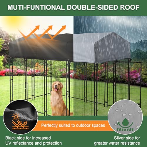 8x4x6 FT Outdoor Dog Kennels for Large Dogs, Heavy Duty Welded Wire Steel Outside Dog Kennel with Roof, Dog Pens with 2 Rotating Dog Bowls, Dog Playpen Fence with Secure Lock for Backyard