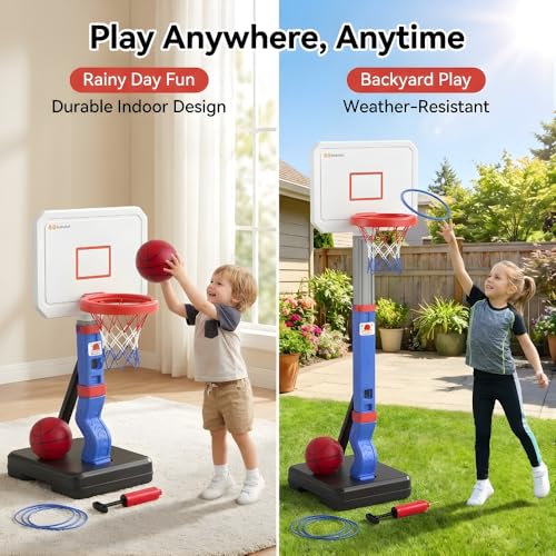 Toddler Basketball Hoop with Ring Toss Game, 2-in-1 Adjustable (2.5–5.5 Ft) Indoor & Outdoor Kids Basketball Set with Mini Balls, Rings, Pump & Stable Base Sports Toy for Boy & Girl Age 1-5