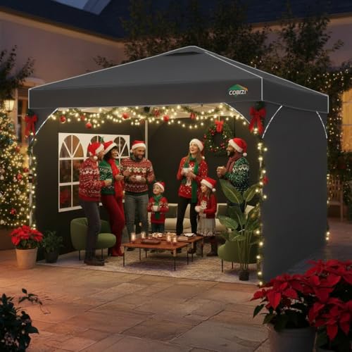 COBIZI 10x10 Pop Up Canopy Tent, Outdoor Party Tent with 3 Sidewalls, 1 Person Easy Set up, Tents for Parties with Fluorescent Strip & 4 Sandbags, Waterproof UPF50+, 3 Adjustable Height, Gray - color: Gray, size: 10x10FT
