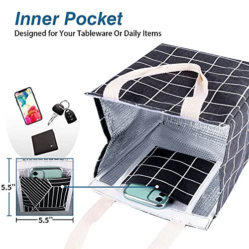 iknoe Insulated Lunch Bag for Women & Adults, 9L Foldable Wide-Open Cooler Bag with Pockets, Leakproof & Portable, for Picnic, Office, Beach(Black square) - color: Black Plaid, size: Velcro Closure