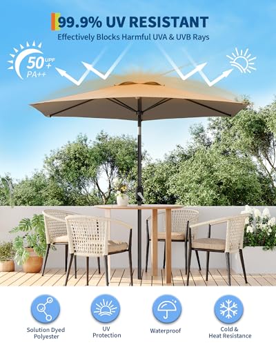 GarveeLife Outdoor Patio Umbrella, Table Market Umbrella with Push Button Tilt and Crank, 8 Sturdy Ribs UV Protection Waterproof for Garden, Deck, Backyard, Pool - color: Light Tan, size: 9FT