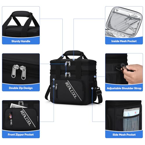 RealCool Lunch Bag, Insulated Lunch Box for Men Women, Double Deck Leakproof Soft Cooler Bag with Adjustable Strap, Reusable Lunchbox for Work, Travel, Camping (Black) - color: Black