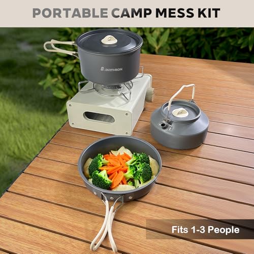 DA DINITHRON 10-Piece Camping Cookware Set, Lightweight Hard-Anodized Aluminum Pots and Pans with 1.1L Kettle, Non-Stick & Compact Nesting Design for Backpacking and Hiking (650g)