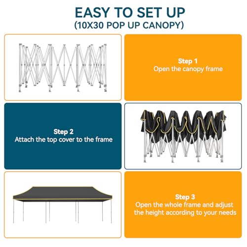 Hoteel 10x30 Pop Up Canopy Tent Heavy Duty Without Sidewalls, Waterproof Party Tent, Easy Set-up Commercial Instant Tents with Roller Bag & Sandbags, Hexagonal Leg (1-Year Warranty) - color: Black, size: 10×30 （no Walls）