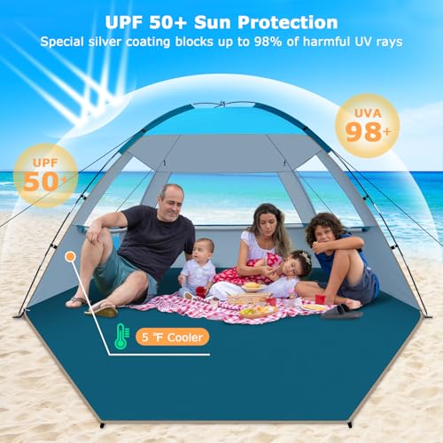 COMMOUDS Beach Tent Sun Shade for 3/4/6/8 Person, UPF 50+ Beach Sun Shelter Canopy Tent, Lightweight, Easy Set Up and Carry - color: Blue, size: 4 Person