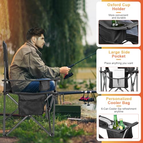 Romswi Oversized Camping Chairs,Heavy Duty Support 500 LBS,Padded Back & Arm Sport Chairs, Cup Holder Cooler Bag, Collapsible Folding Chairs for Outdoor, Fishing & Garden, Black,2-Pack - color: Black