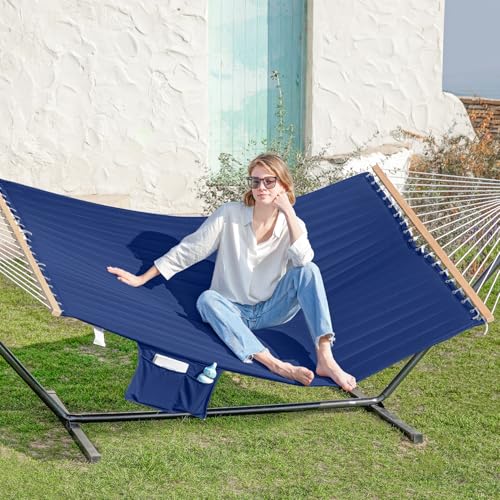 GAFETE 2 Person Hammock with Stand for Outside, Heavy Duty Steel Stand, Double 55inch Hammocks, Large Removable Pillow, Storage Bags, Max 475 lbs Capacity (Blue) - color: Blue