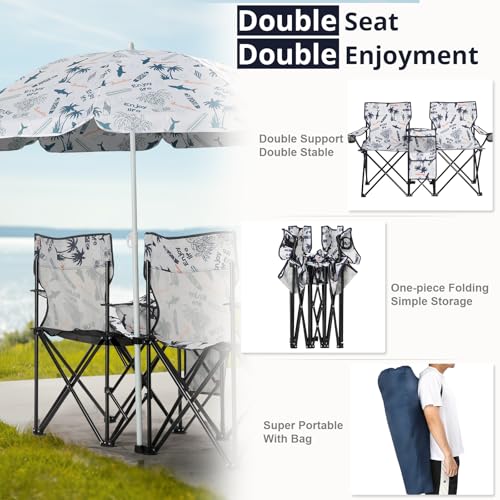 Outvita Folding Double Camping Chair w/Umbrella Beverage Holder Carrying Bag Cooler Fold Up Table, Large Bearing Capacity for Beach Patio Pool Park Outdoor Shark Pattern - color: Shark Pattern