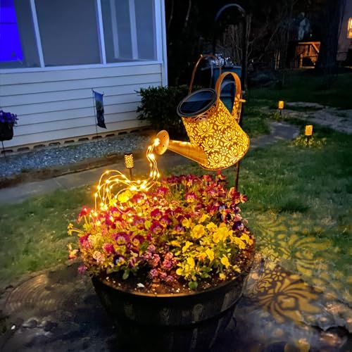 Anordsem Solar Watering Can Lights: Metal Lotus Lantern Outdoor with Hook - Waterproof Garden Art Hanging Decoration for Yard Patio Lawn - Christmas Birthday Gifts for Women Mom Grandma - color: Lotus-pattern