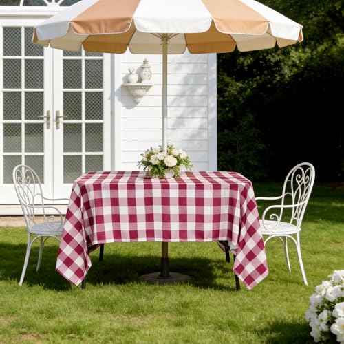 SquarePie Rectangle Outdoor Tablecloth with Umbrella Hole and Zipper Checked Waterproof Spillproof Table Linen Cloth for Spring Summer Picnic Patio Garden,60 X 84 Inch Burgundy Red Gingham - color: Burgundy Red Plaid, size: 84" x 60" (Rectangular)