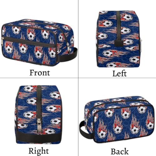 Kids Travel Toiletry Bag - Waterproof Hanging Cosmetic Hygiene Bags for Boys Men - Fire Soccer Ball Large Shave Kit for Toiletries Accessories Bathroom Stuff - color: Fire Soccer Ball