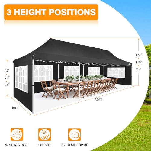 COBIZI 10x30 Pop up Canopy with Roller Bag & 8 Removable Sidewalls, Canopy Tent for Parties, Wedding, and Commercials, Waterproof and Instant Shelter UV50+ Outdoor Gazebo with 4 Sandbags(Pure Black) - color: Pure Black, size: 10x30FT
