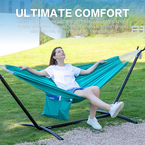 PNAEUT Double Hammocks with Stand for Outside, Portable Space Saving Heavy-Duty Steel Stand for Indoor Outdoor Patio with Carrying Bag, 450 lbs Capacity (Aqua) - color: Aqua