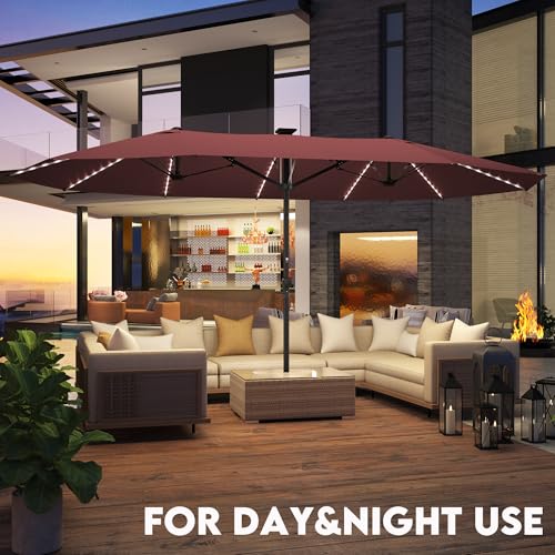 GDPFN 15ft Large Patio Umbrella with Solar Lights, Outdoor Double-Side Rectangular Umbrella, Backyard Pool Umbrella with LED Light for Deck, Outside, Market, Burgundy (Base Not Include) - color: Burgundy, size: With Led